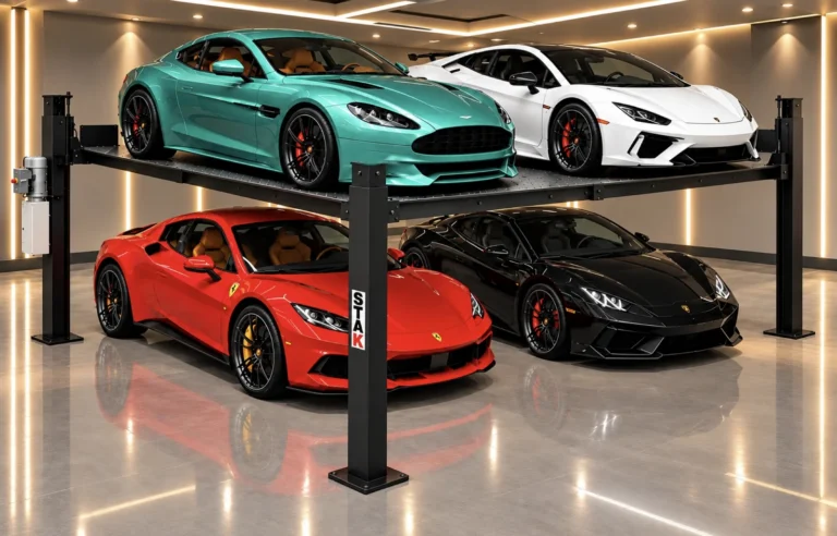 A STAK four-post double-wide lift holding four sports cars, two raised above two at floor level