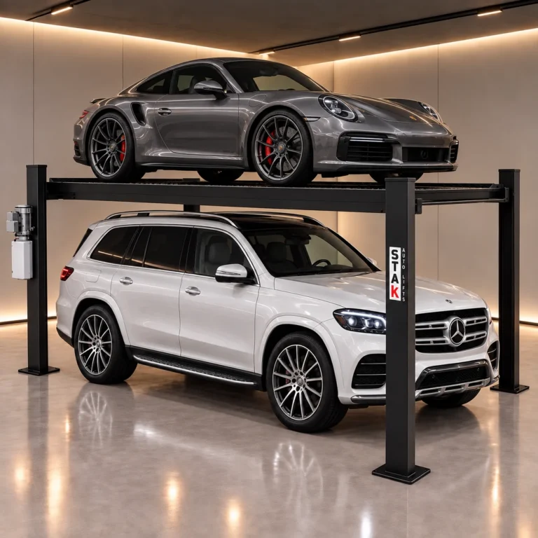 An extra-large STAK four-post lift with a sports car raised above a full-size SUV