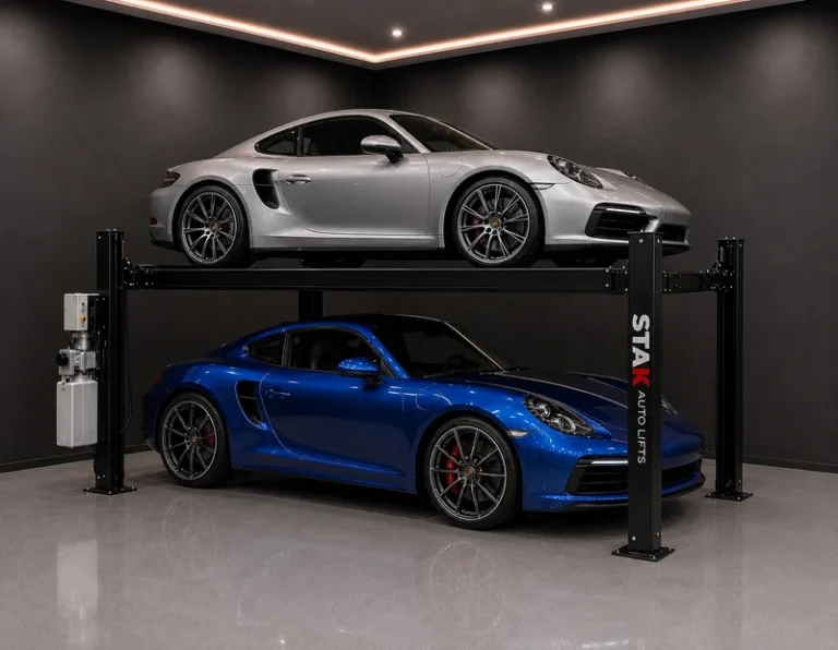 A STAK four-post lift with a silver sports car raised above a blue sports car