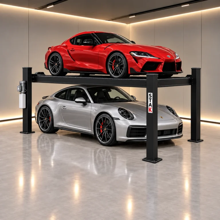 A STAK four-post lift with a sports coupe raised above a second sports car in a low garage