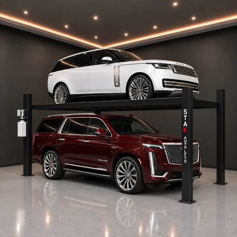 A STAK four-post lift with a white SUV raised above a dark red SUV