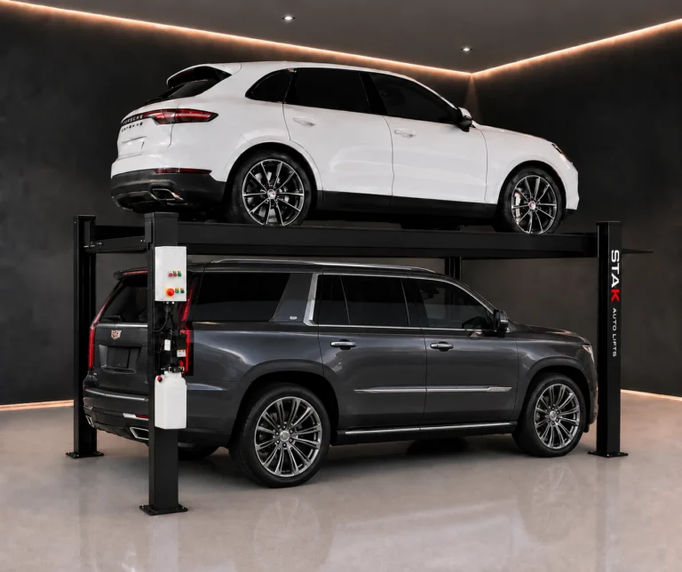 A STAK four-post lift storing a full-size SUV above a second SUV in a dark garage