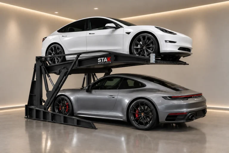 A STAK low-ceiling scissor lift with an electric sedan raised above a sports car