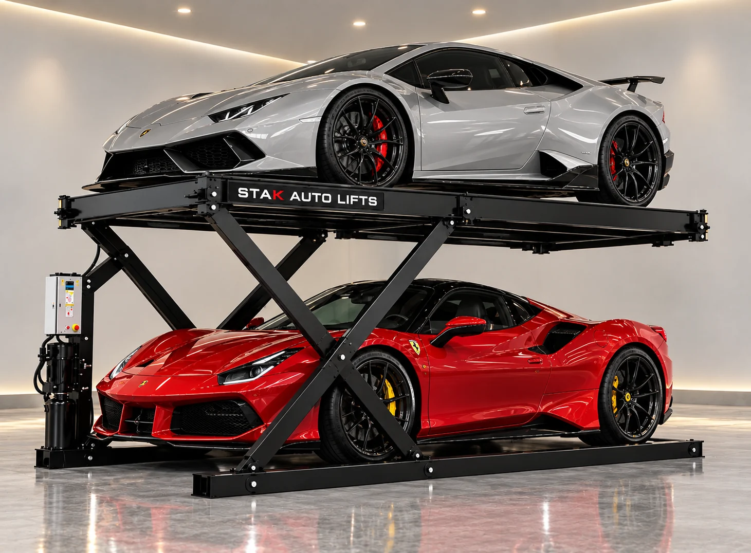 A STAK scissor lift raising a supercar above a second supercar in a showroom