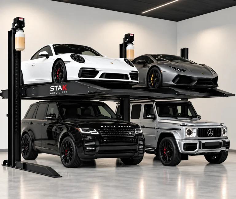 A STAK two-post lift storing four vehicles, two sports cars raised above two SUVs