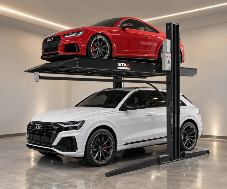 A STAK two-post lift with a red coupe raised above a white SUV