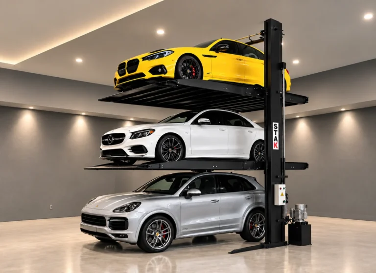 Wide view of a STAK two-post triple stacker storing three cars in a home garage